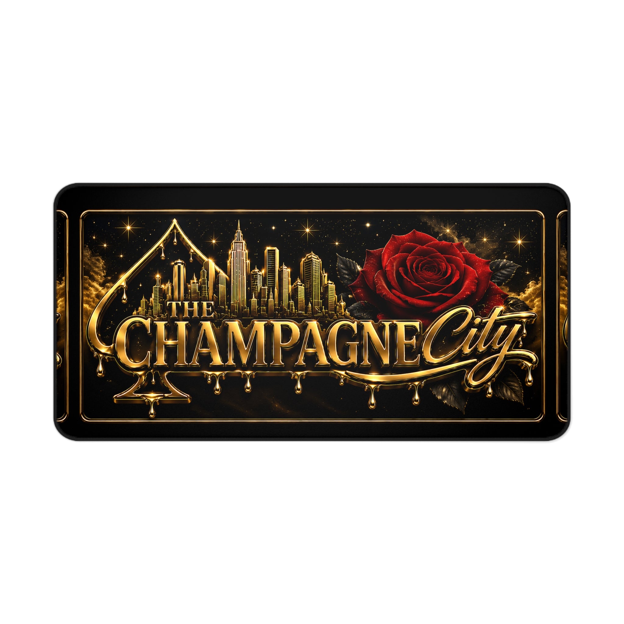 The Champagne City Desk Mat — Gold Skyline & Rose Gaming/Office Mouse Pad