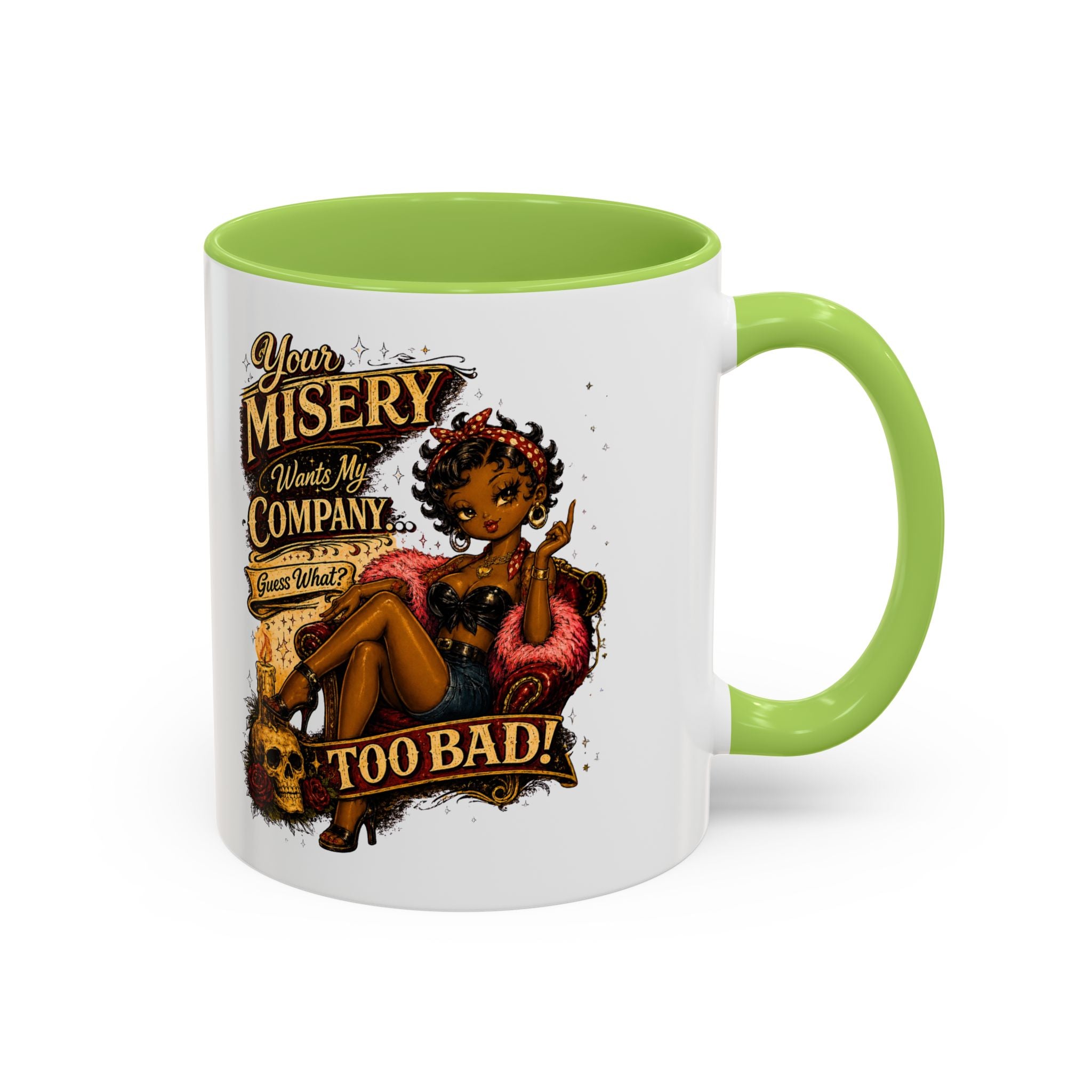 Accent Coffee Mug — "Your Misery Pays My Company" Vintage Pin-Up Gothic Coffee Mug