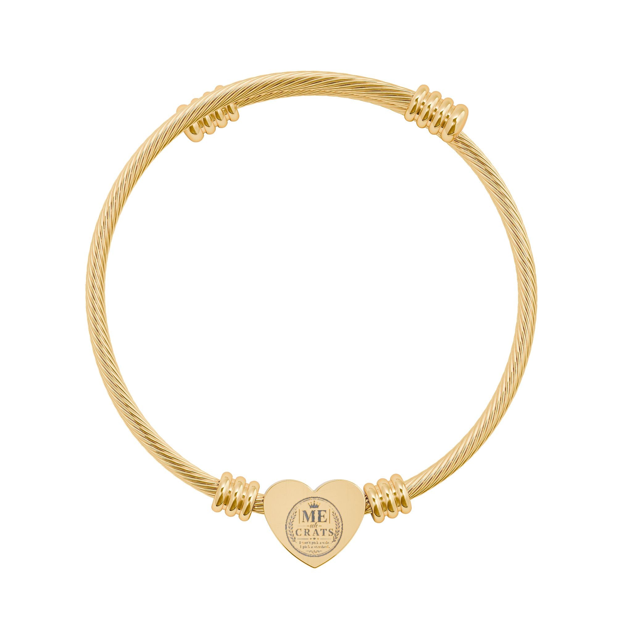 Me -uh- CRATS Engravable Heart Cuff Bracelet — Personalized Cable Wire Bangle (Silver or Gold)