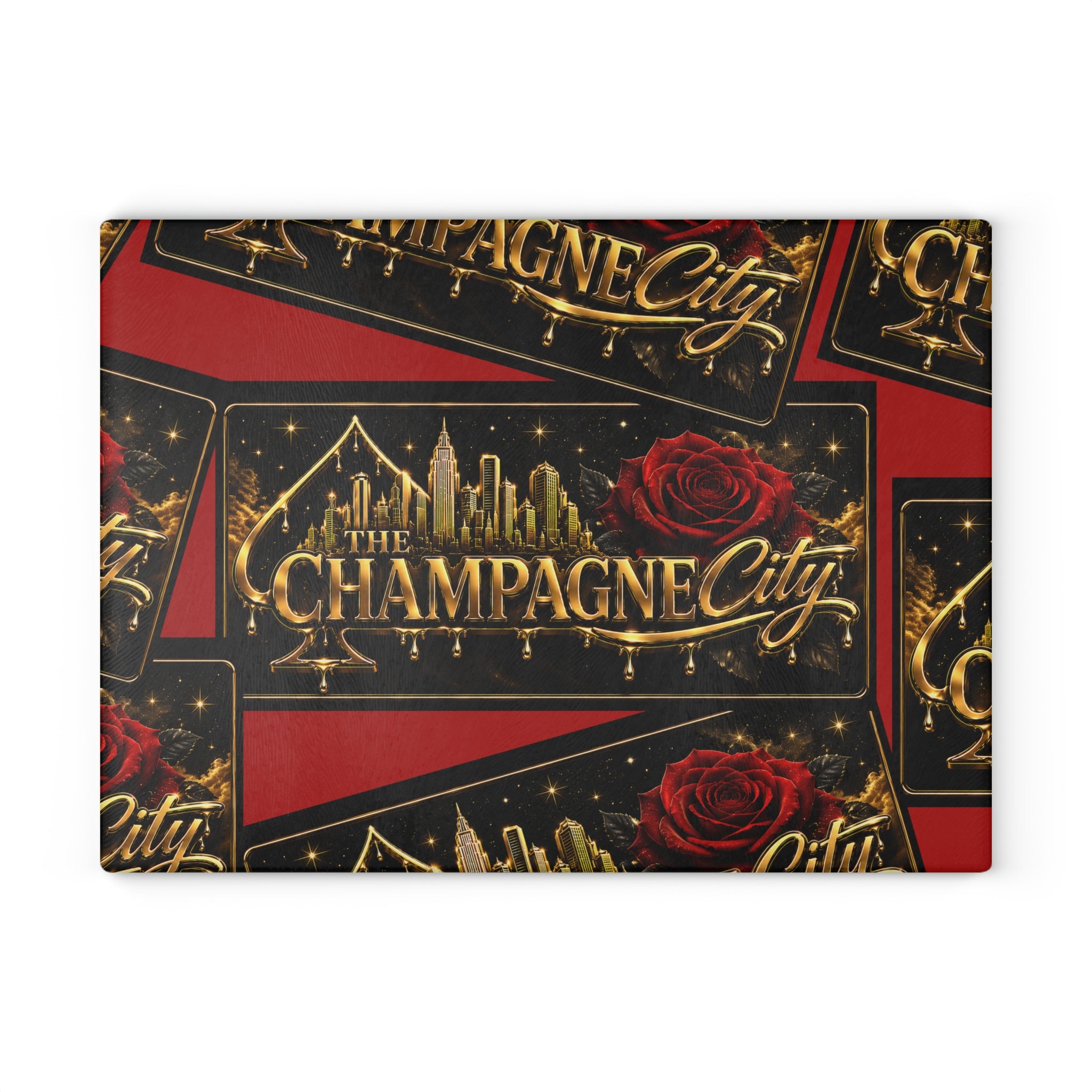 Glass Cutting Board — "The Champagne City" Gold Logo Design with Red Roses