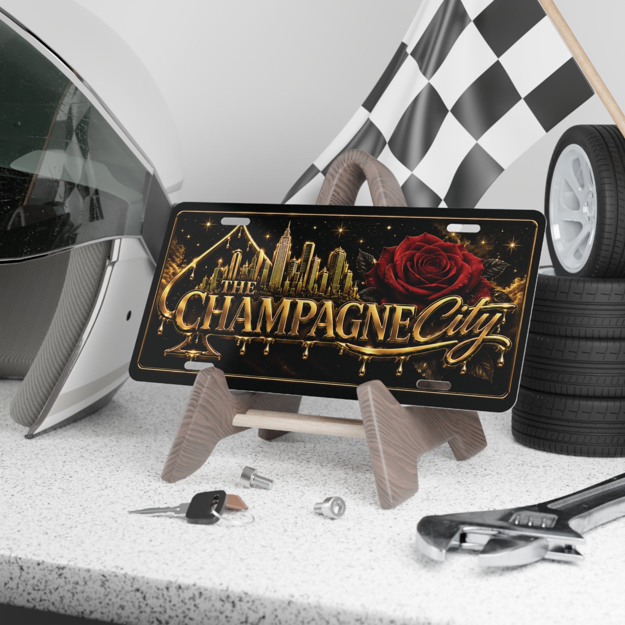 Vanity Plate — "The Champagne City" Decorative License Plate with Gold Script & Rose