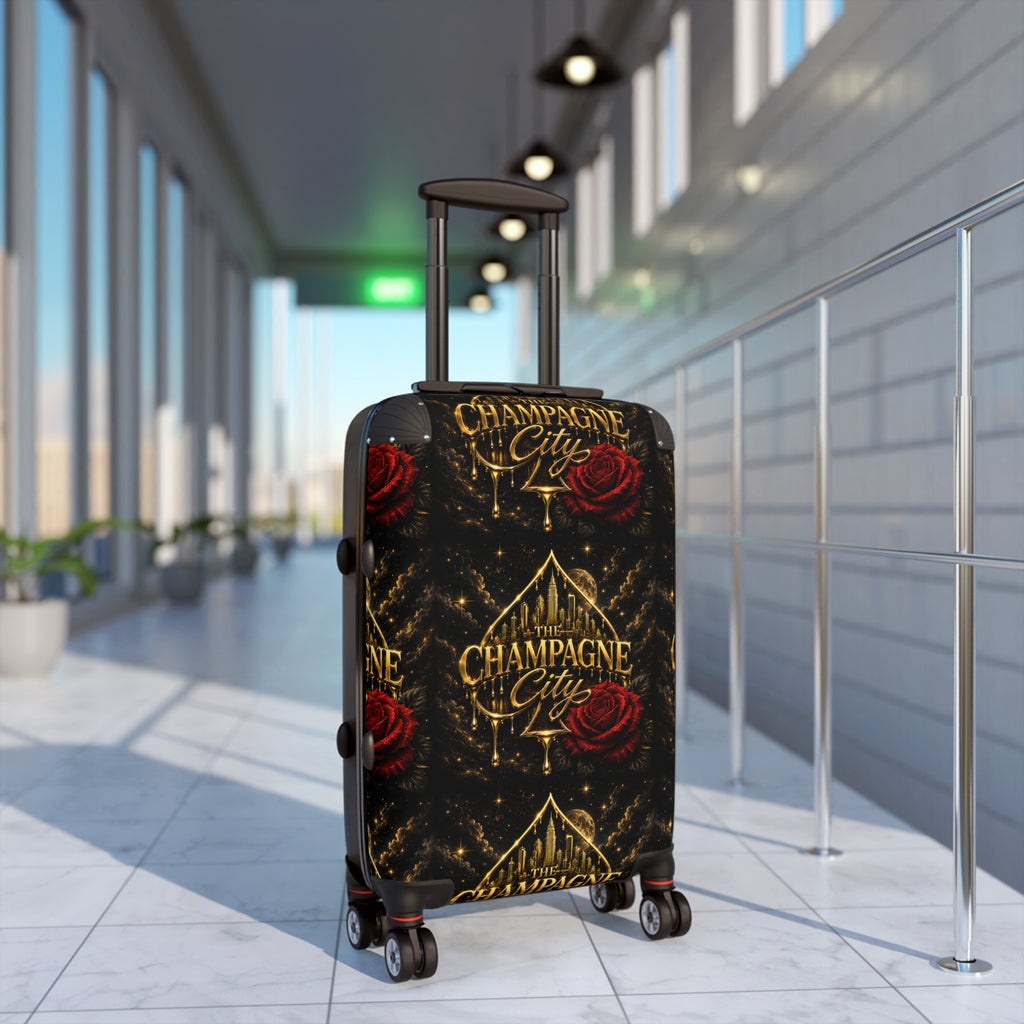 Champagne City Suitcase – Luxurious Black & Gold Travel Luggage with Red Rose Design