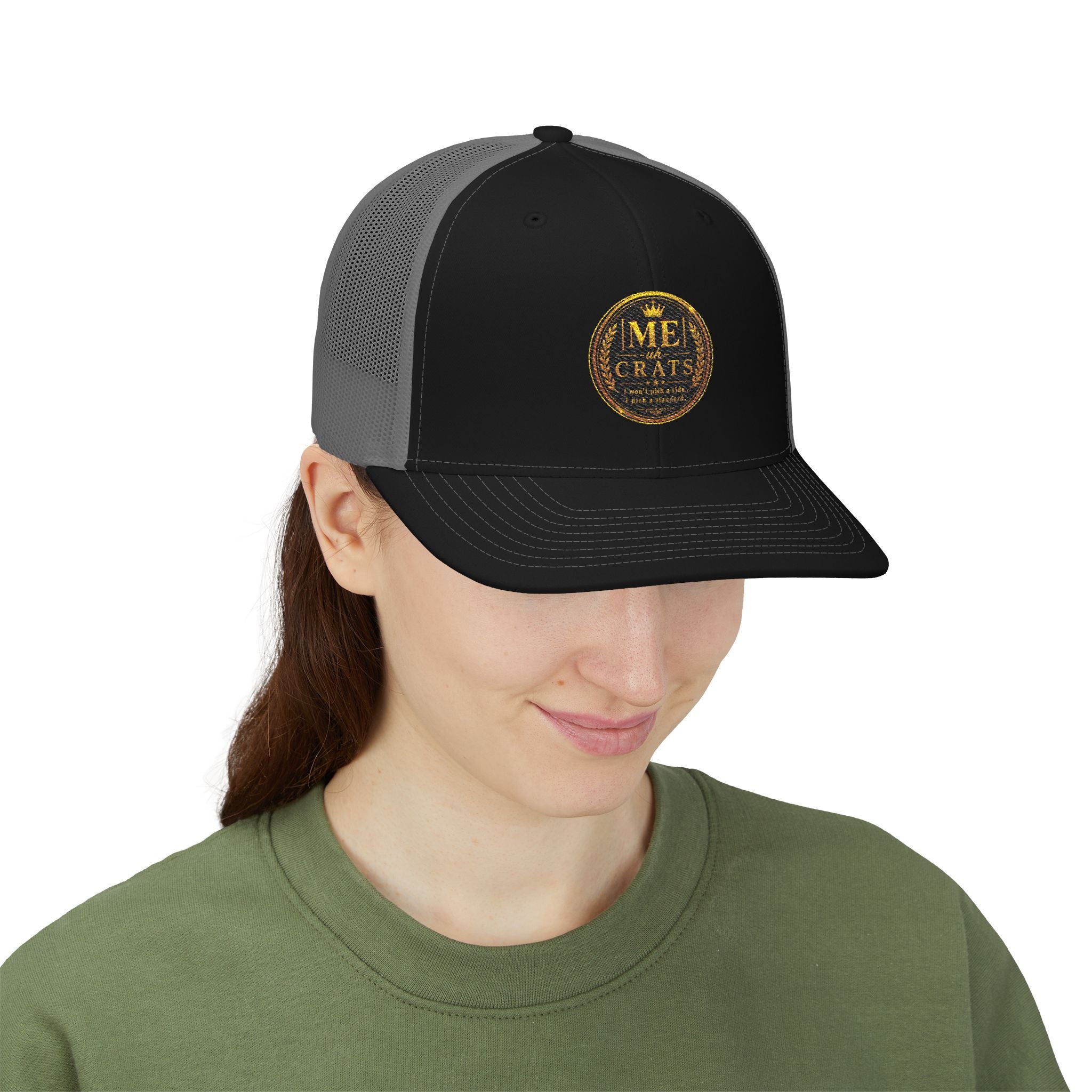 Me -uh- CRATS Signature Embroidered Retro Coin Logo Trucker Cap