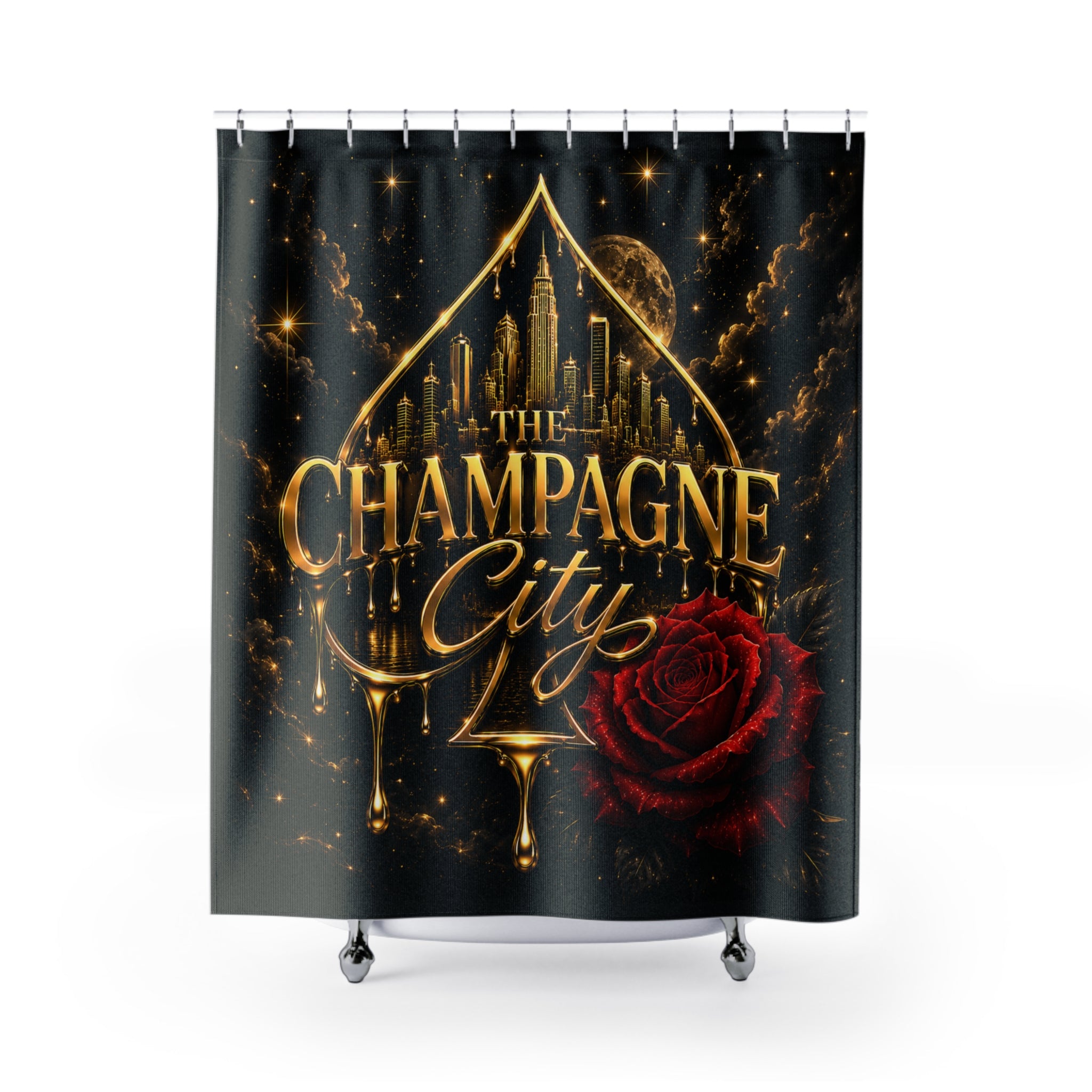 Shower Curtain — 'The Champagne City' Golden Skyline Bath Curtain with Red Rose