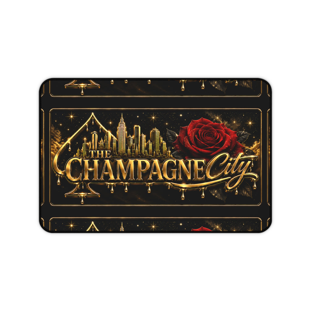 The Champagne City Desk Mat — Gold Skyline & Rose Gaming/Office Mouse Pad