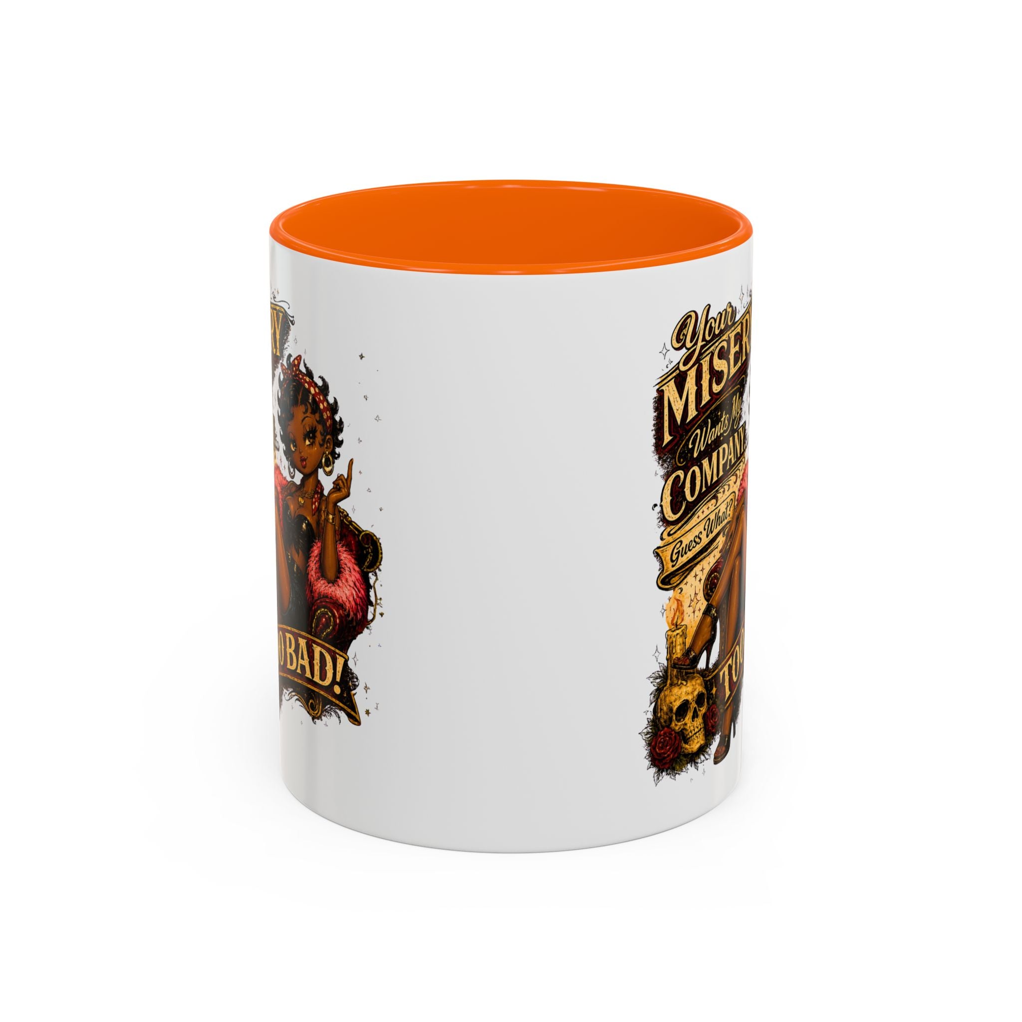 Accent Coffee Mug — "Your Misery Pays My Company" Vintage Pin-Up Gothic Coffee Mug