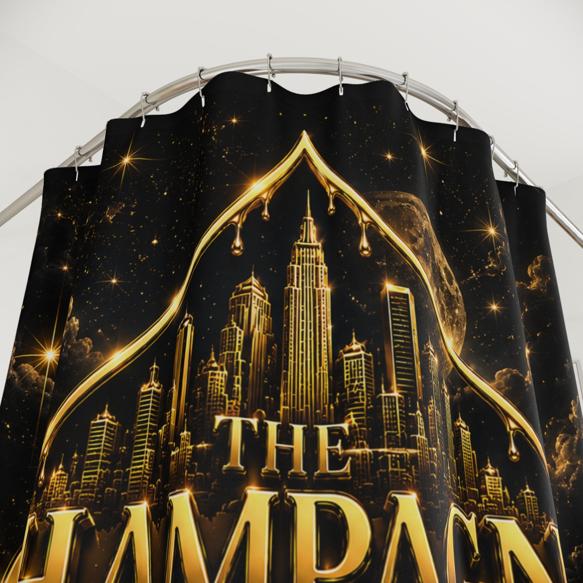 Shower Curtain — 'The Champagne City' Golden Skyline Bath Curtain with Red Rose